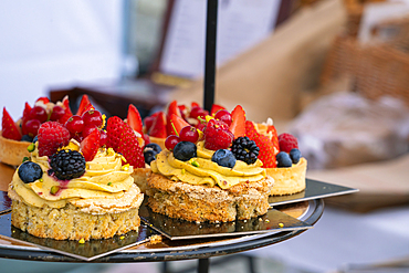 Sweet pastry on display at farmers market on Vltava riverside near Palackeho namesti, Prague, Czech Republic (Czechia), Europe