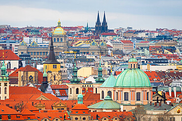 Prague skyline with dome of St. Francis Of Assisi Church, National Museum and St. Ludmila's Church, Prague, Czech Republic