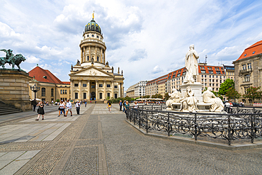 Franzosischer Dom and Schiller Monument at Gendarmenmarkt square, Mitte, Berlin, Germany, Europe