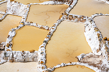 High angle view of Maras salt marsh terraces, Salinas de Maras, Cuzco Region, Peru, South America