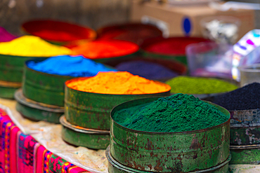 Close-up of colorful powdered pigments used as natural textile dye, Pisac market, Pisac, Sacred Valley, Urubamba Province, Cusco (Cuzco) Region, Peru, South America