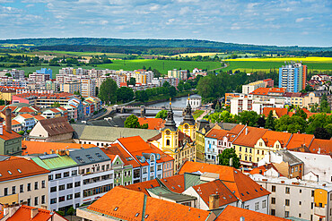 Elevated view of Pisek city center and town hall, Pisek, Czech Republic