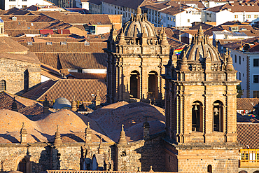 Elevated view of bell towers of Cusco (Cuzco) Cathedral, UNESCO World Heritage Site, Cusco (Cuzco), Cusco Province, Cusco Region, Peru, South America