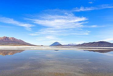 Reflection pool on salt flats and distant views of El Misti and Chachani volcanoes, Salinas y Aguada Blanca National Reserve, Arequipa Province, Arequipa Region, Peru, South America