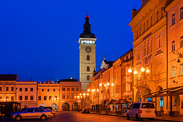 Black Tower of Ceske Budejovice and Namesti Premysla Otakara II. at twilight, South Bohemian Region, Czech Republic