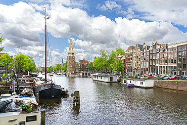 Oudeschans canal and Montelbaanstoren tower in background, Amsterdam, The Netherlands