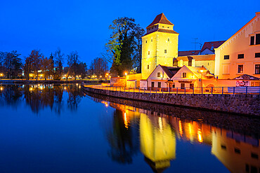 Gothic tower Iron Maiden by Malse river at twilight, Ceske Budejovice, Czech Republic