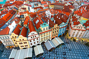 Elevated view of houses with red roofs as seen from Prague Astronomical Clock at Old Town Square, Prague, Czech Republic