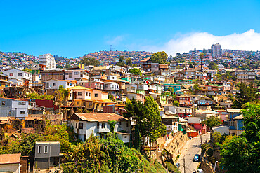 Colorful houses in town on sunny day, Valparaiso, Chile