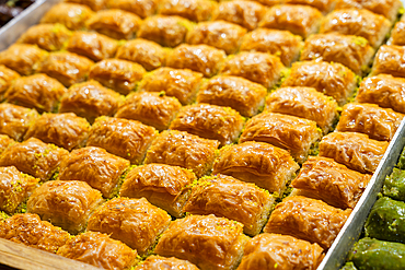 Detail of traditional Turkish dessert baklava, Egyptian Bazaar (Spice Bazaar Market), Eminonu, Fatih District, Istanbul Province, Turkey, Europe