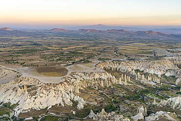 Aerial view of Love Valley at dawn, Avanos District, Nevsehir Province, Cappadocia, Central Anatolia Region, Anatolia, Turkey, Asia Minor, Asia