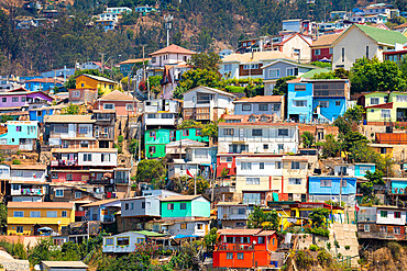 Colorful houses in town on sunny day, Valparaiso, Chile