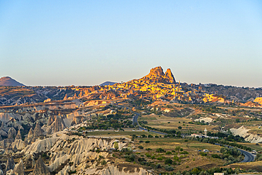 Aerial view of Uchisar Castle at sunrise, Cappadocia, Central Anatolia Region, Anatolia, Turkey, Asia Minor, Asia