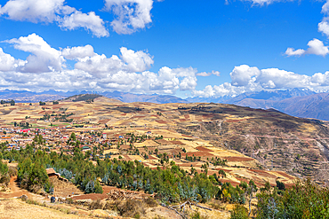 Racchi village near Chinchero with distant views of Andes mountains, Sacred Valley, Peru, South America