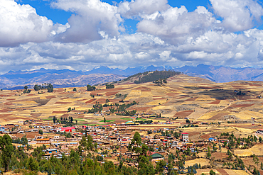 Racchi village near Chinchero with distant views of Andes mountains, Sacred Valley, Peru, South America