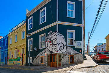 Street art named Abuelita aburrida (Bored grandma) by artists Ella & Pitr, Cerro Alegre, Valparaiso, Chile