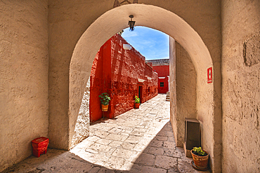 White and red sections of Cloister and Monastery of Santa Catalina de Siena, UNESCO World Heritage Site, Arequipa, Peru, South America