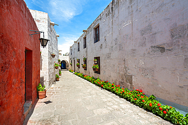 White and red sections of Cloister and Monastery of Santa Catalina de Siena, UNESCO World Heritage Site, Arequipa, Peru, South America