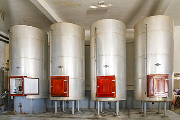 Stainless steel wine fermentation tanks, Vista Alegre Winery, Ica, Peru