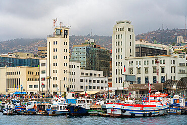 Boats at port of Valparaiso along Muelle Prat, Valparaiso, Chile