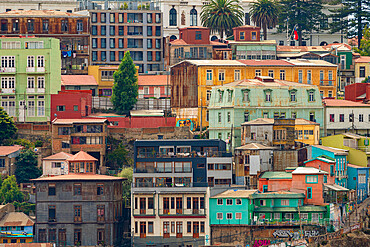 Detail of colorful houses of Valparaiso on hill in Playa Ancha, Valparaiso, Chile