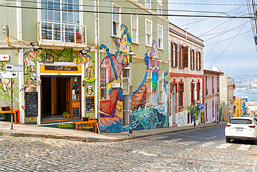 Painted mural of cafe, Cerro Alegre, Valparaiso, Chile