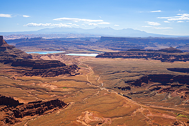 Distant view of potash ponds in canyon country, Dead Horse Point, Dead Horse Point State Park, Utah, USA