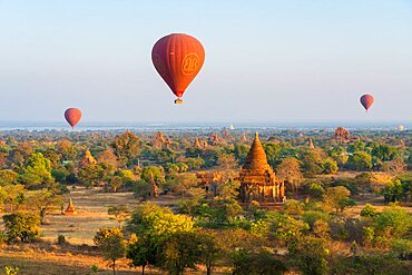 Old temples in Bagan and hot-air balloons at sunrise, UNESCO, Old Bagan, Myanmar