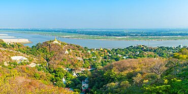 View of pagodas at Sagaing Hill and Irrawaddy river, Mandalay, Myanmar