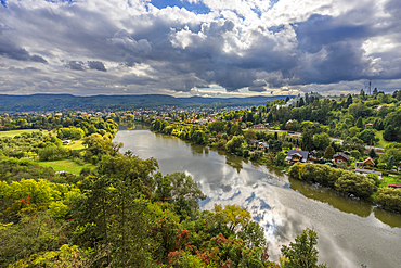 View of Berounka river and village Zadni Treban from Black Rock (Cerna Skala), Rovina, Hlasna Treban, Central Bohemia, Czech Republic (Czechia), Europe