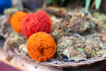 Balls of naturally dyed wool, Chinchero, Sacred Valley, Cusco, Peru, South America