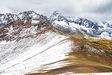 Snow-covered landscape near Rainbow Mountain (Vinicunca), Cusco, Peru, South America