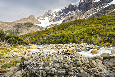 River flowing by Paine Grande mountain in French Valley, Torres del Paine National Park, Patagonia, Chile, South America