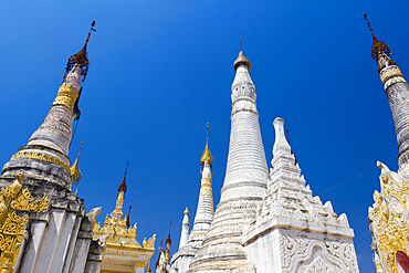 Low angle of Indein (Inn Dein) (Inn Thein) pagodas, Lake Inle, Shan State, Myanmar (Burma), Asia