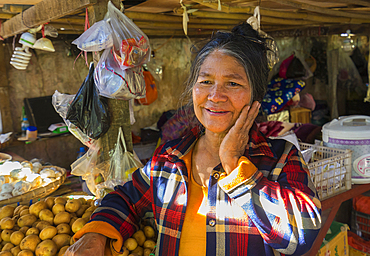 Senior woman with hand on cheek and smiling at market, Hsipaw, Shan State, Myanmar (Burma), Asia