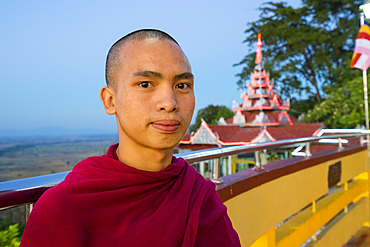 Young monk who came to Mandalay Hill to practise English with tourists, Mandalay Hill, Mandalay, Myanmar (Burma), Asia