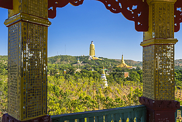 Maha Bodhi Ta Htaung Standing Buddha and large reclining Buddha statue seen from tower in Garden of Thousand Buddhas, Monywa, Myanmar (Burma), Asia