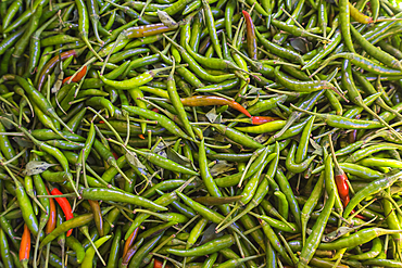 Detail of green chili peppers at market, Hsipaw, Shan State, Myanmar (Burma), Asia