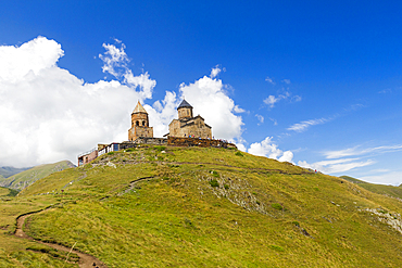 Gergeti Trinity Church (Holy Trinity Church) (Tsminda Sameba), Kazbegi mountains, Georgia, Central Asia, Asia