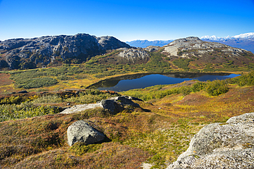 Small lake with Alaska Range in background, seen from K'esugi Ridge Trail, Denali State Park, Matanuska-Susitna Borough, Southcentral Alaska, Alaska, United States of America, North America