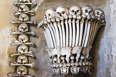 Decoration made of human skulls and bones, interior of Sedlec Ossuary, UNESCO World Heritage Site, Kutna Hora, Czech Republic (Czechia), Europe