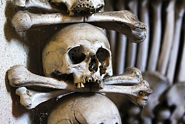 Decoration made of human skulls and bones, interior of Sedlec Ossuary, UNESCO World Heritage Site, Kutna Hora, Czech Republic (Czechia), Europe