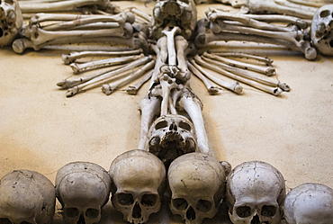 Decoration made of human skulls and bones, interior of Sedlec Ossuary, UNESCO World Heritage Site, Kutna Hora, Czech Republic (Czechia), Europe