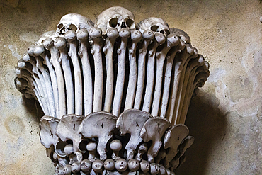 Decoration made of human skulls and bones, interior of Sedlec Ossuary, UNESCO World Heritage Site, Kutna Hora, Czech Republic (Czechia), Europe