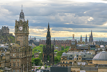 Balmoral Hotel clock tower and Scott Monument seen from Observatory House, UNESCO World Heritage Site, Calton Hill, Edinburgh, Scotland, United Kingdom