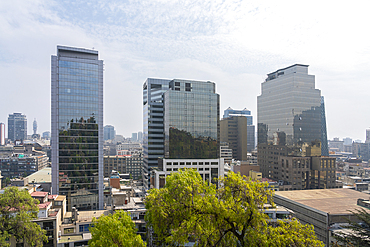 High-rise buildings of Santiago city center seen from top of Santa Lucia Hill, Santiago Metropolitan Region, Chile, South America