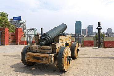 Canon atop Santa Lucia Hill with Santiago city center in background, Santiago Metropolitan Region, Chile, South America