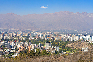 Vitacura and El Golf neighborhoods seen from San Cristobal Hill (Metropolitan Park) with Andes in background, Santiago Metropolitan Region, Chile, South America