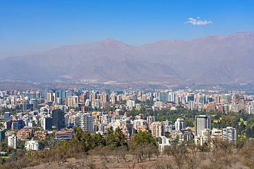 Vitacura and El Golf neighborhoods seen from San Cristobal Hill (Metropolitan Park) with Andes in background, Santiago Metropolitan Region, Chile, South America