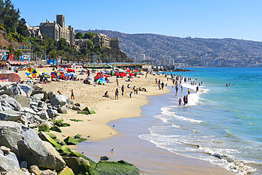 Caleta Portales beach and Federico Santa Maria Technical University in background, Valparaiso, Valparaiso Province, Valparaiso Region, Chile, South America